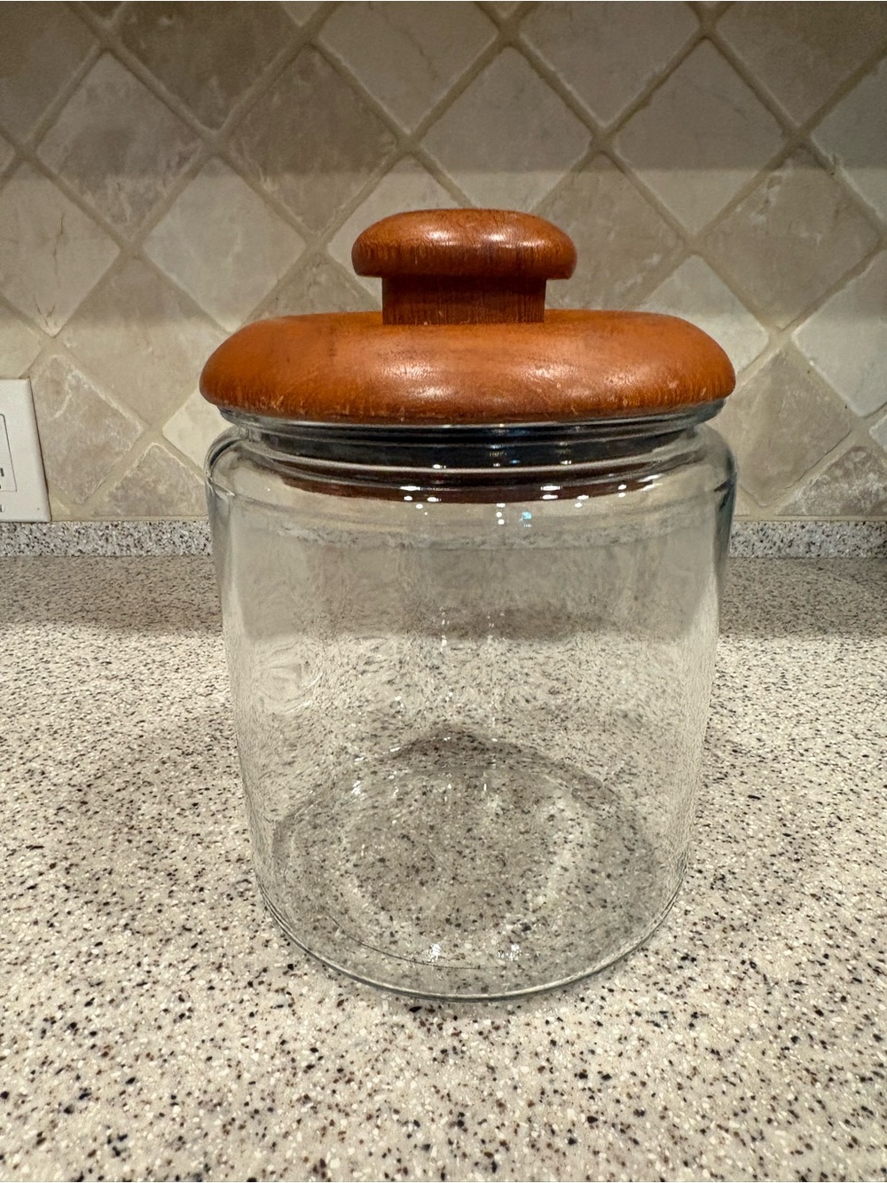 Dolphin clear glass kitchen canister jar w/ teak wood lid